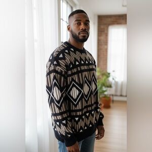 Vintage Art Deco Argyle Grandpa Chic Moody Dark Neutral Crewneck Knit Sweatet